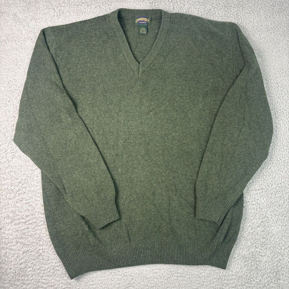 Cambridge Classics Italy Wool Knit Sweater V-Neck Mens XL Green LS Grandpa VTG